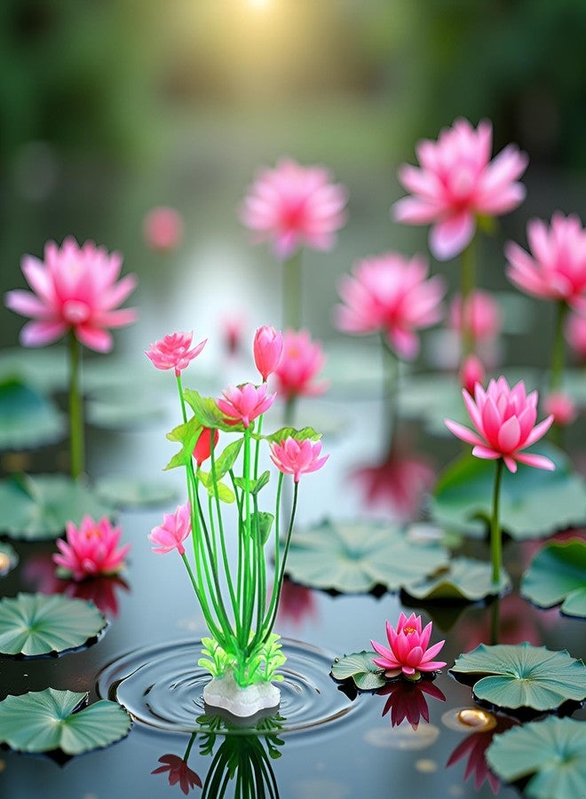 Qintreesify Pink Artificial Water Plants, Aquatics Grass Flower Simulation Wedding Favors Plastic Artificial Lotus Fish Tank Ornament Aquarium Décor Plastic Plants for Party Fish and Aquatic Pets - Image 2